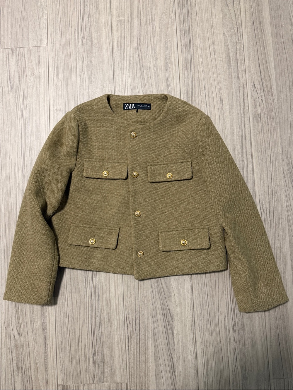 Zara Olive Green Textured Cropped Blazer with Gold Buttons